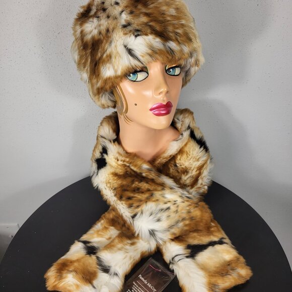 NWT~PAMELA MCCOY~BROWN BLACK FAUX FOX MINK FUR ANIMAL PRINT STOLE SCARF WRAP HAT - Picture 1 of 16